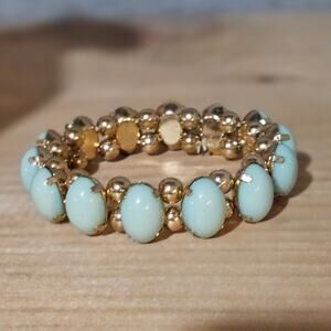 Retro Gold-Tone Stretch Link w Faux Marquise Turquoise Lucite Cabochons Bracelet